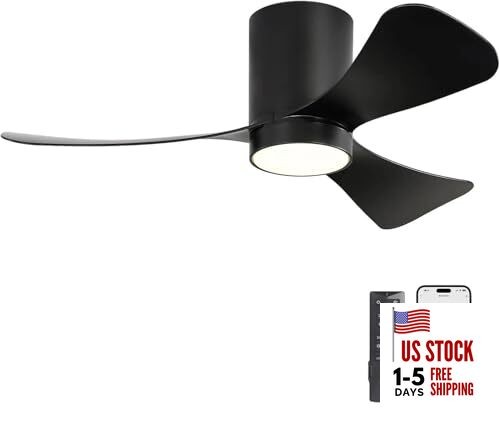  42" Smart Flush Mount Ceiling Fan with Lights, Outdoor Indoor Modern Low Black