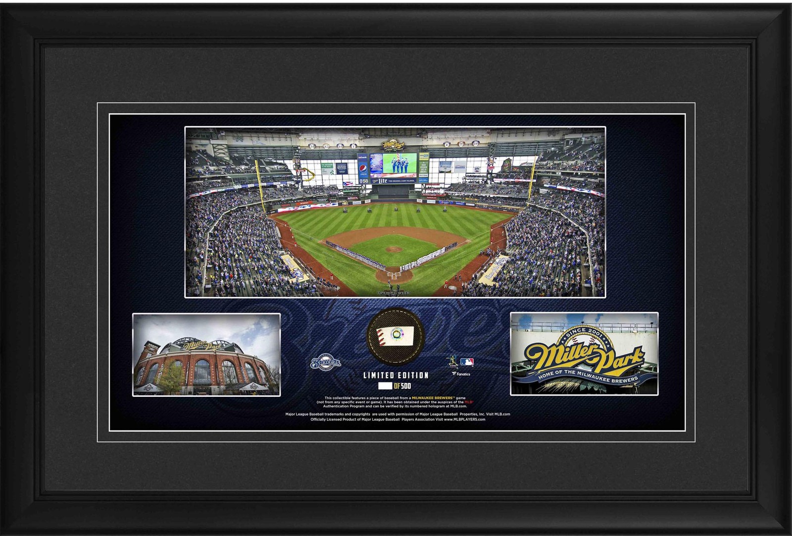 Milwaukee Brewers Framed 10x18 Stadium Panoramic Collage & Piece of GU Baseball