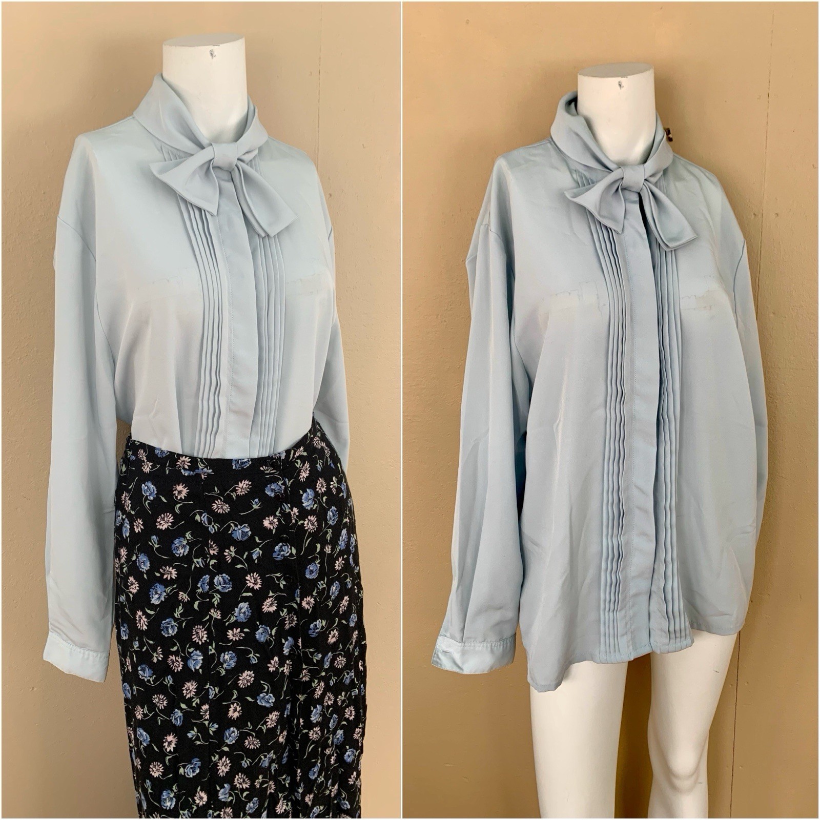 Vintage 70s Light Blue Blouse with Bow | Silky Pleated Button Up Blouse