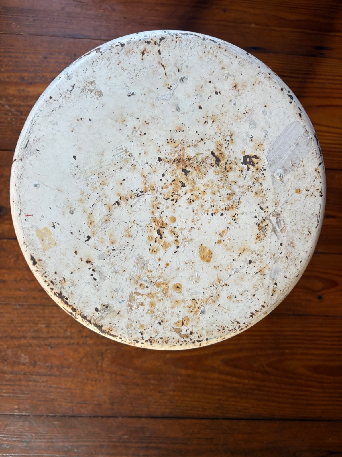 Vintage Industrial Metal Stool Old White Chippy Paint 15.75" T 11" D Farmhouse