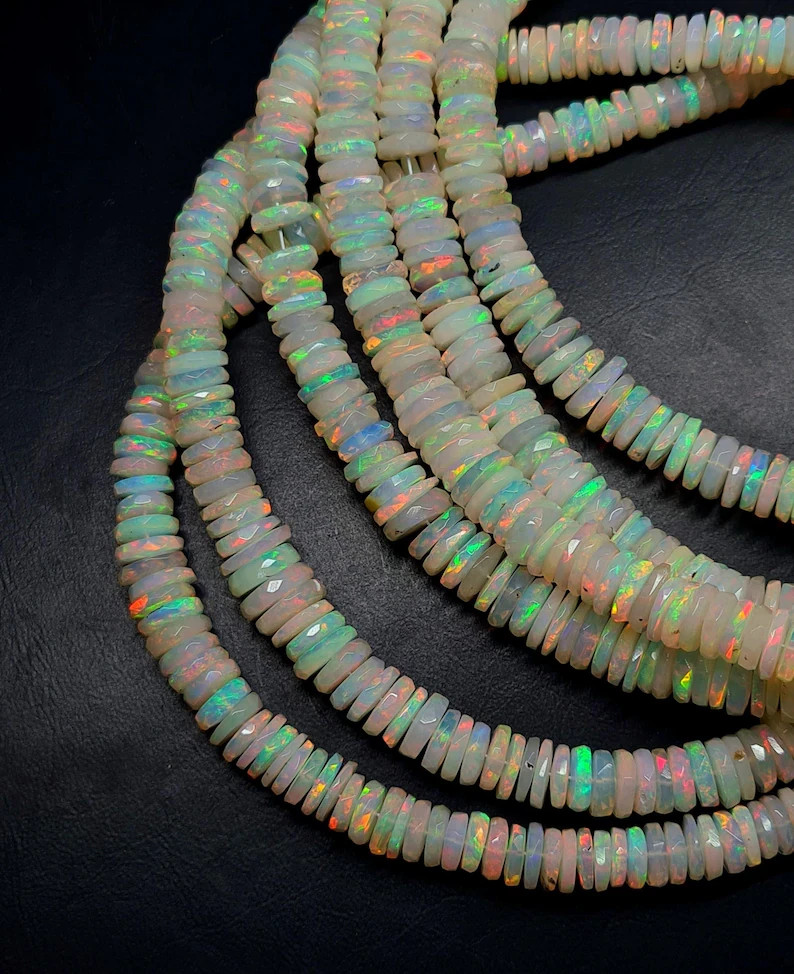 Faceted Ethiopian Opal Beads: Natural Heishi Tyre, 4-6mm