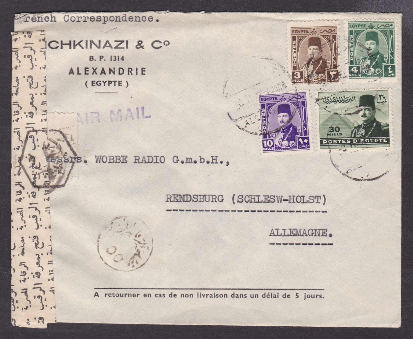 EGYPT 1952, Censored Air mail cover from Alexandria to Germany