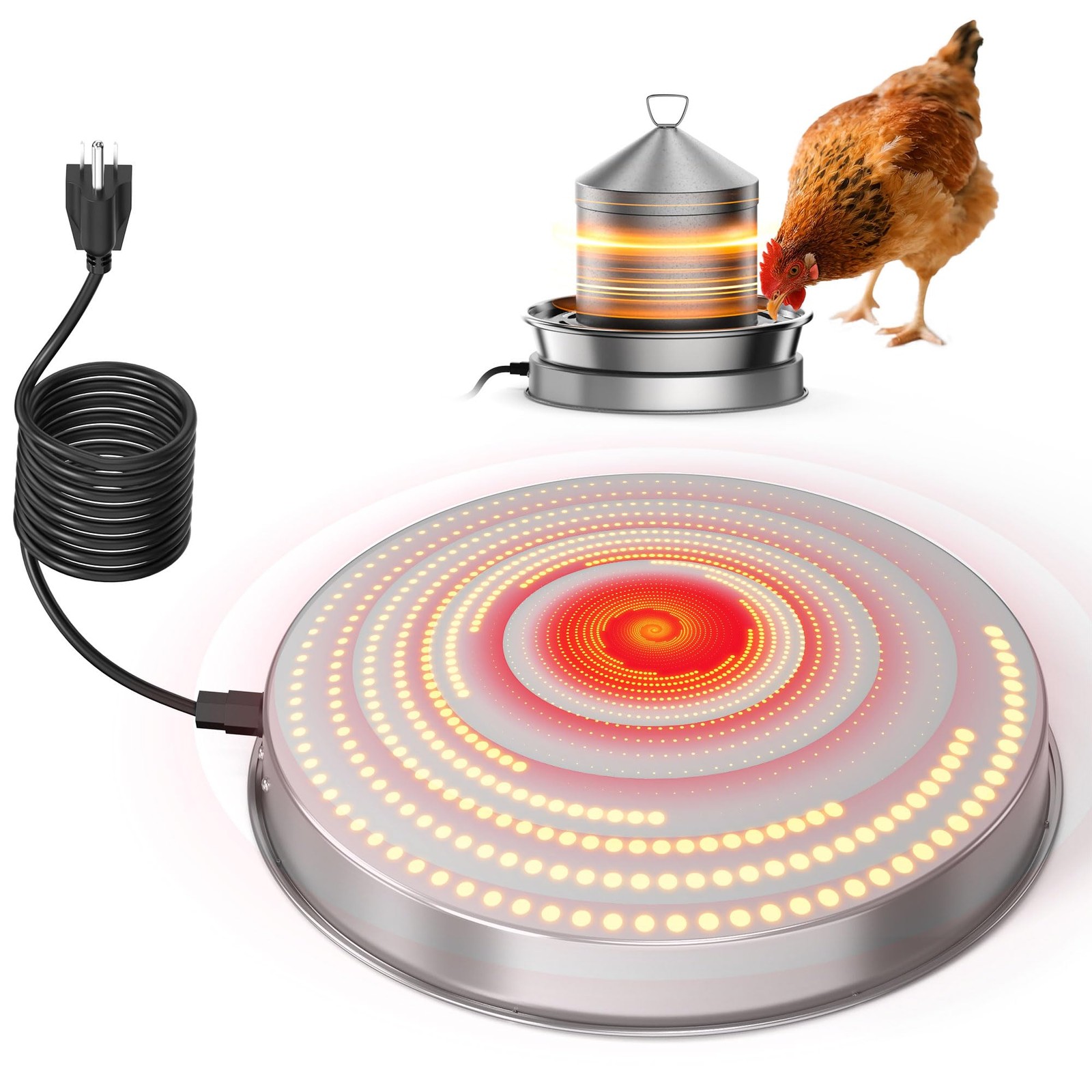 Chicken Water Heater for Winter, 110W Heated Poultry 11IN-1PACK, Silver 