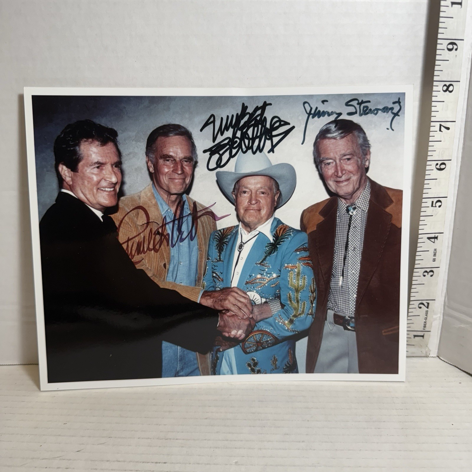 COWBOY ACTORS Autographed By 3 of 4 Charlton Heston, Bob Hope, Jimmy Stewart
