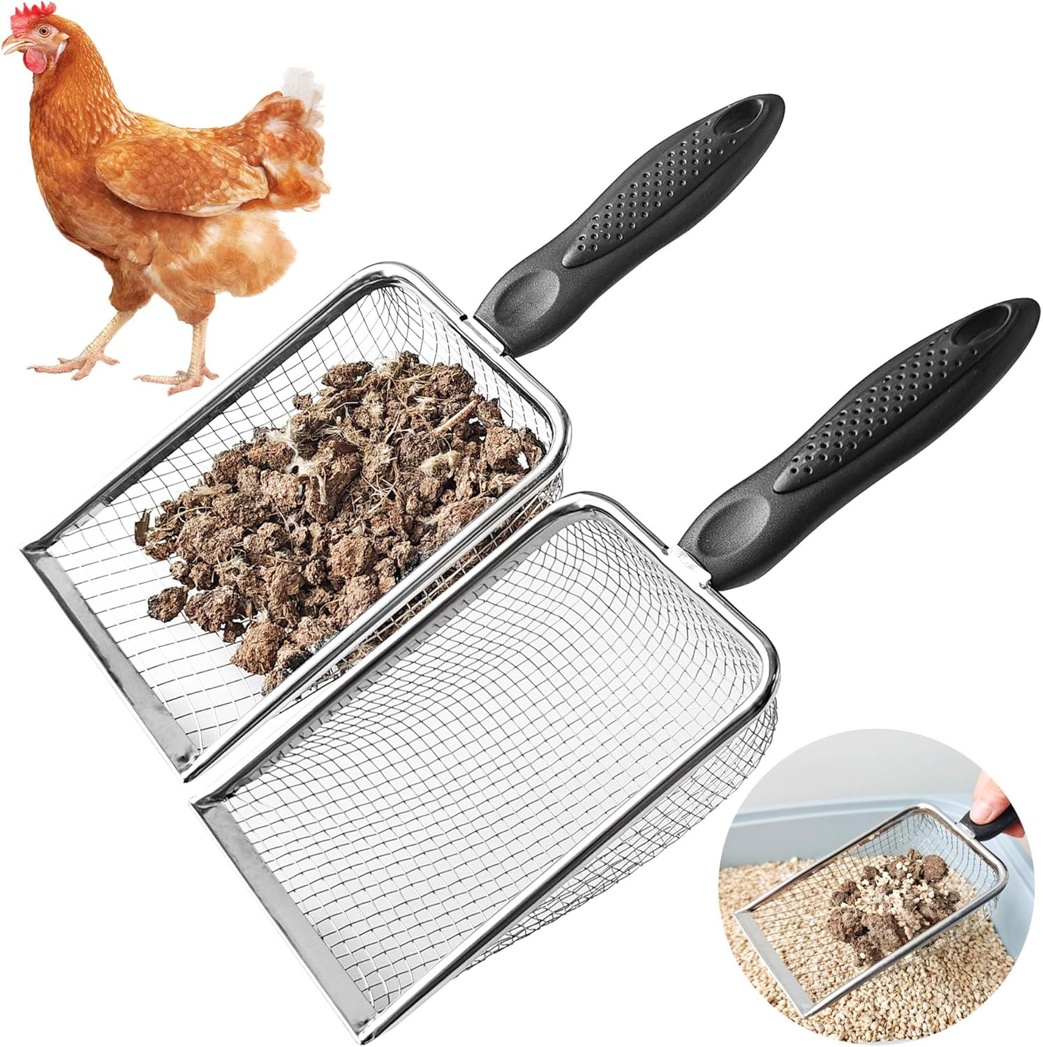 Chicken Coop Poop Scooper Set - 2 Metal Shovels with Mesh Rakes for Cleaning