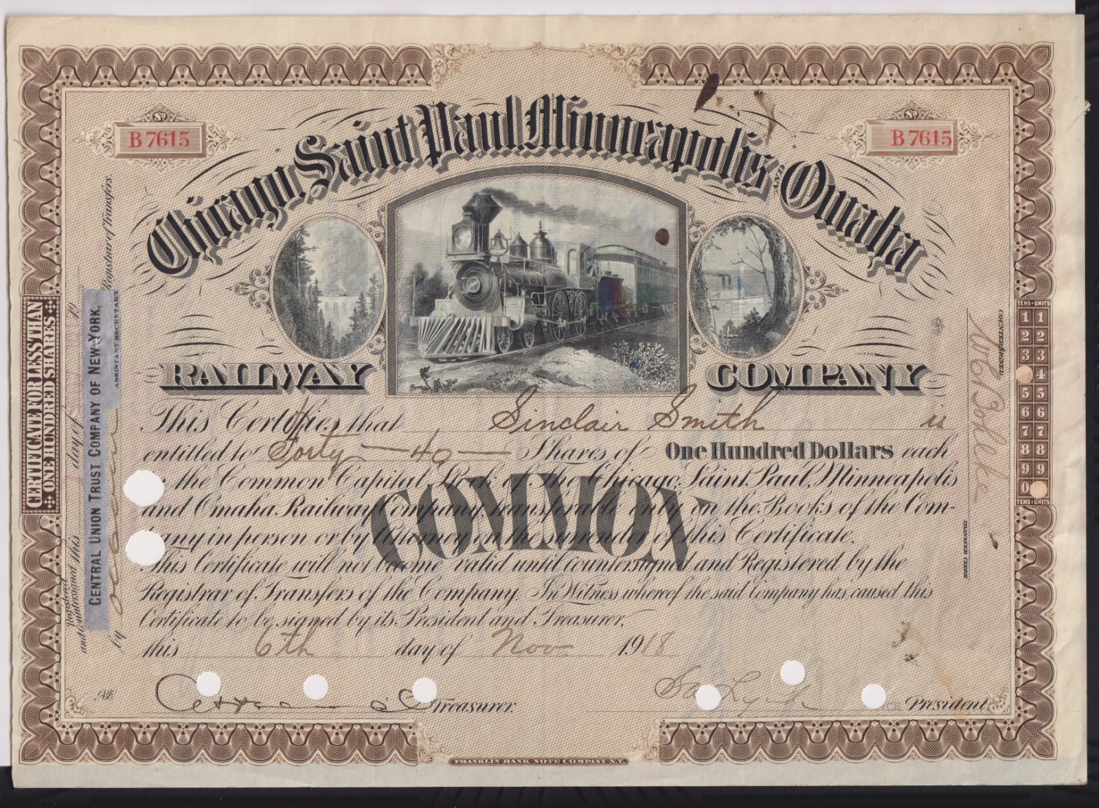 1918 Chicago Saint Paul Minneapolis & Omaha Railway Stock Certificate