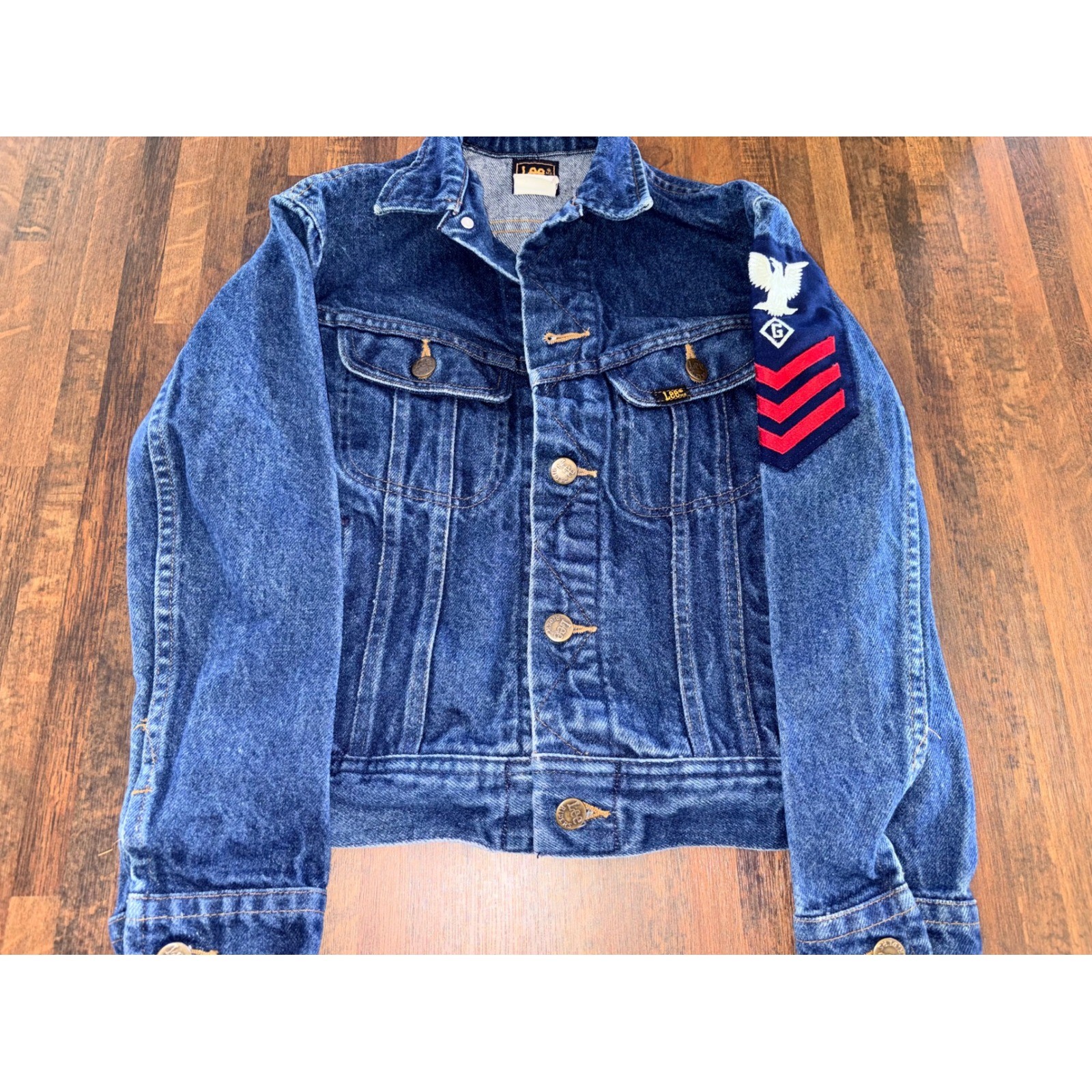 Vintage Lee Riders Denim Jacket Kids Size 12 Blue Trucker Military Patch Patch
