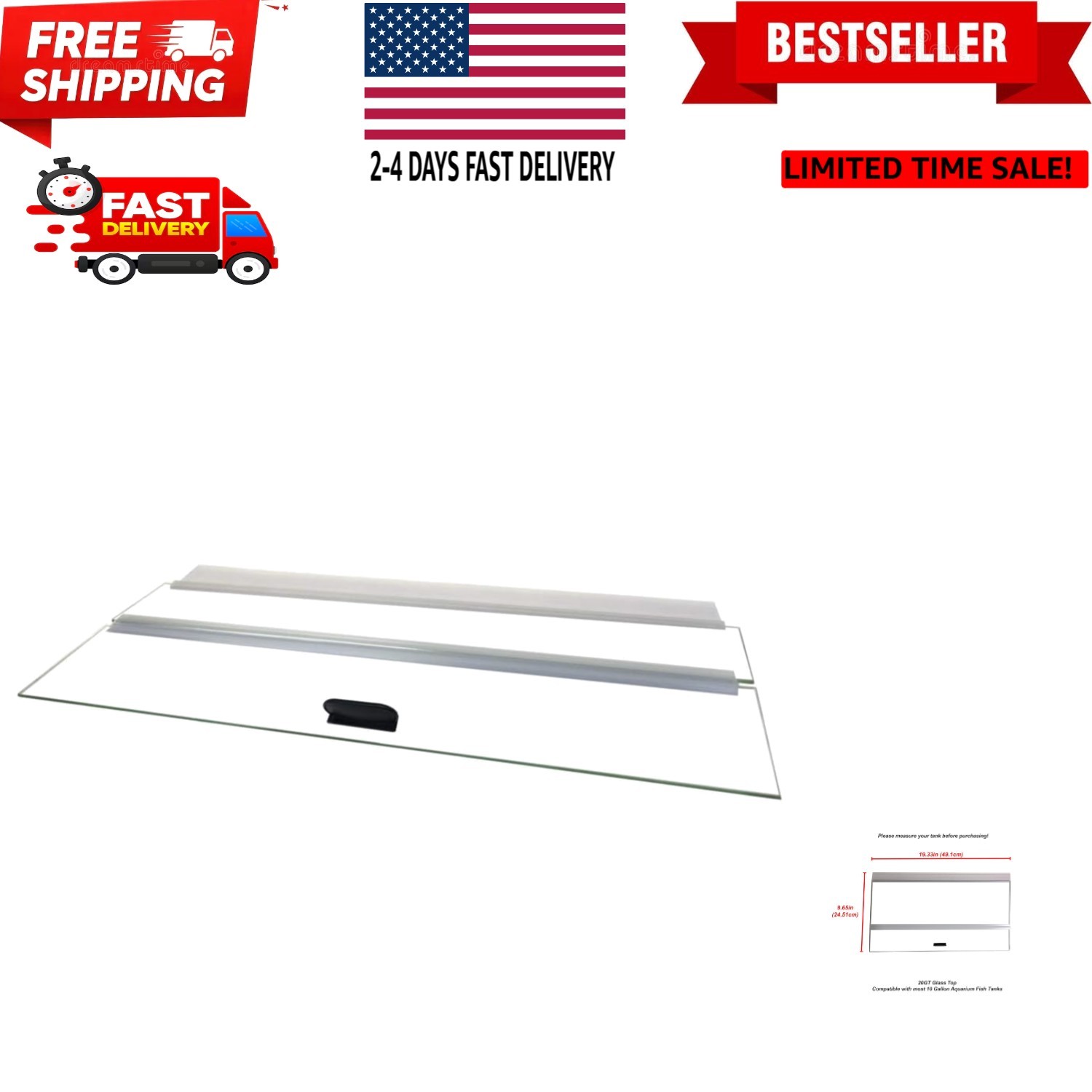 20" Glass Canopy 10 Gallon Aquarium Fish Tank 19.33 x 9.65 x 0.16in