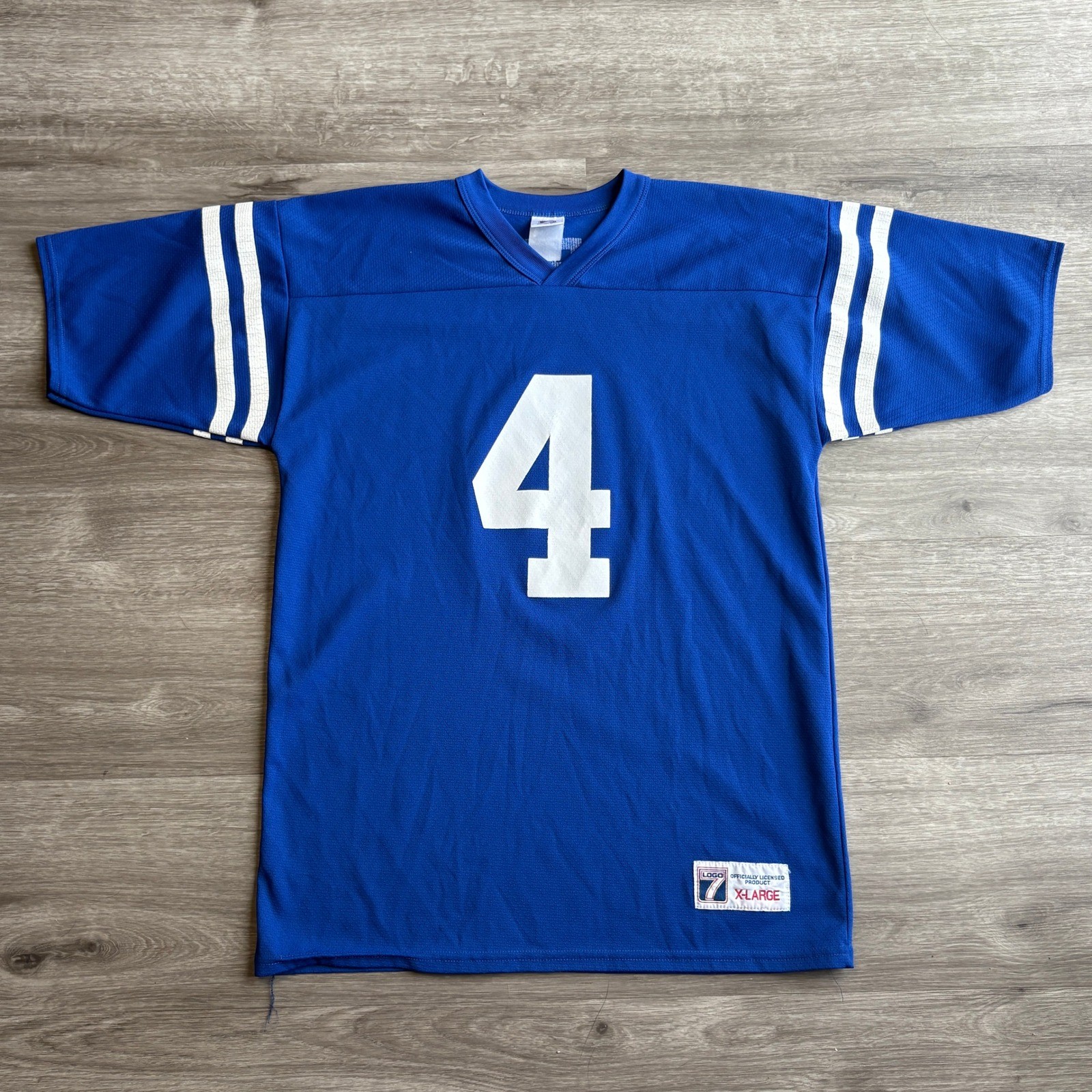 90s Logo 7 Indianapolis Colts Jim Harbaugh 4 Football Jersey Mens XLarge Blue