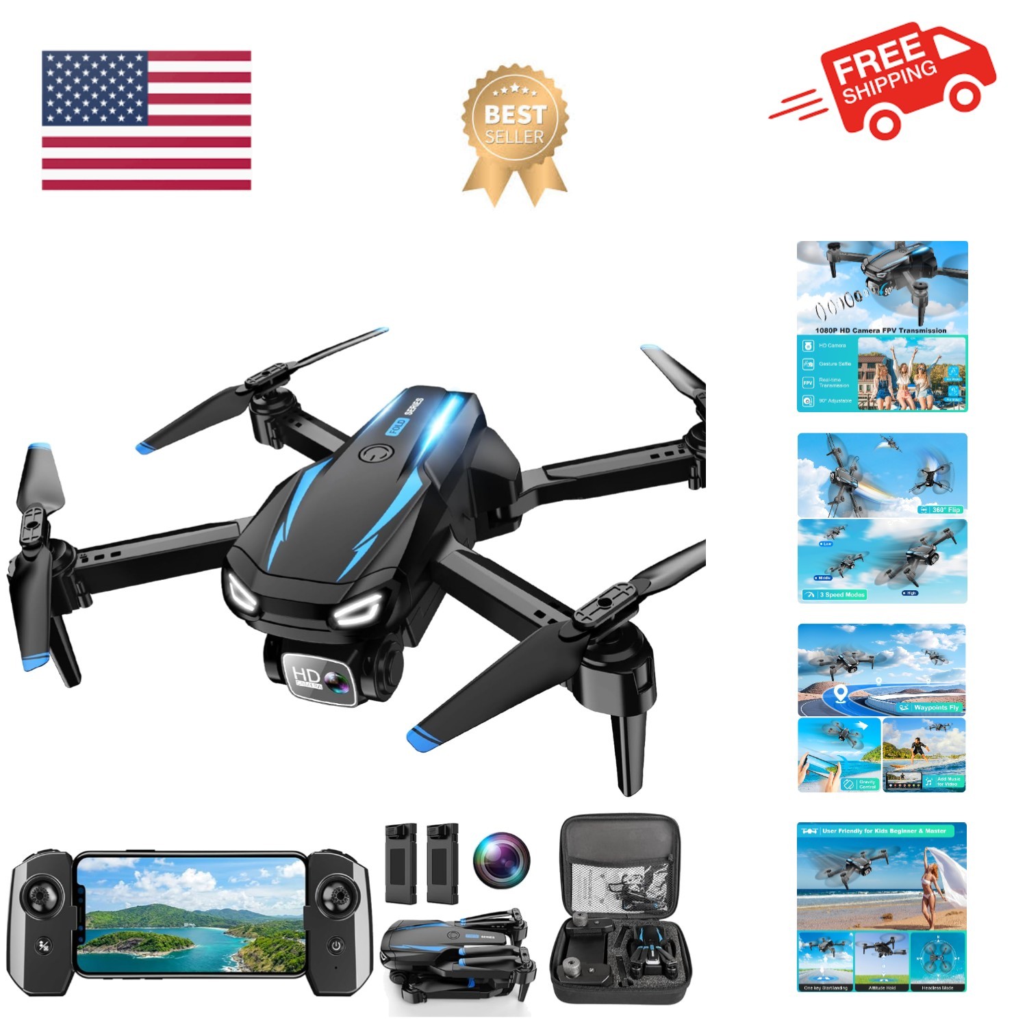 Drone with Camera, 1080P HD FPV Foldable Drone for Kids Adults Beginners, Bru...
