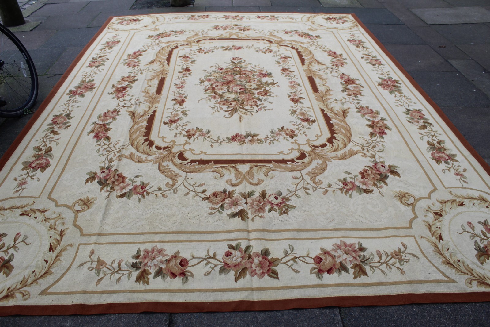 Vintage Hand Made French Design Wool Beige Red Original Aubusson 365X267cm
