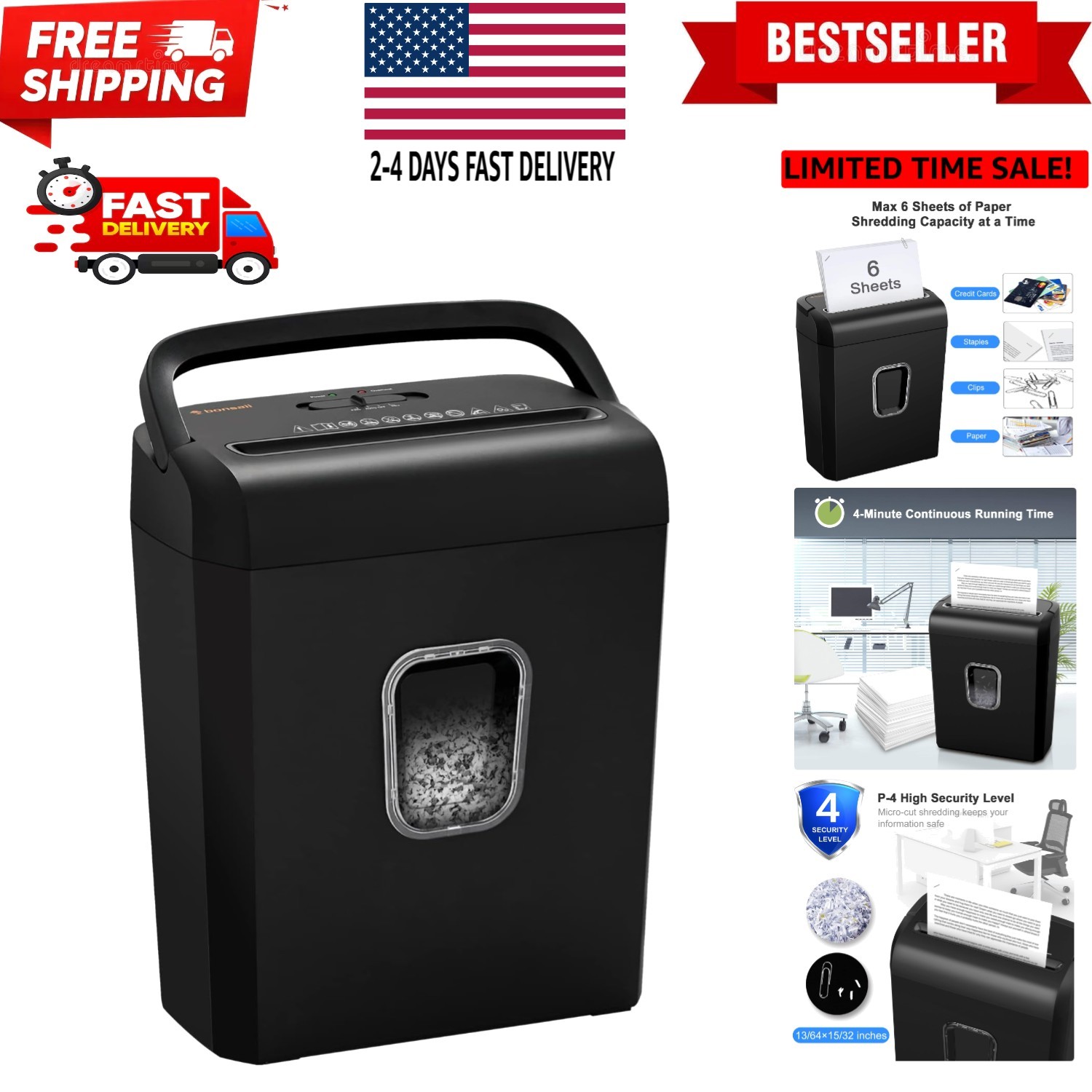 6-Sheet Micro-Cut Paper Shredder, P-4 High-Security for Home & Small Office U...