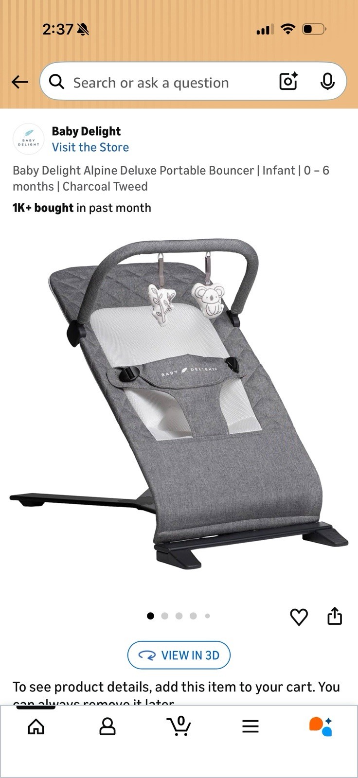 Baby Delight Alpine Deluxe Portable Bouncer, Infant, 0-6 Months, Charcoal Tweed