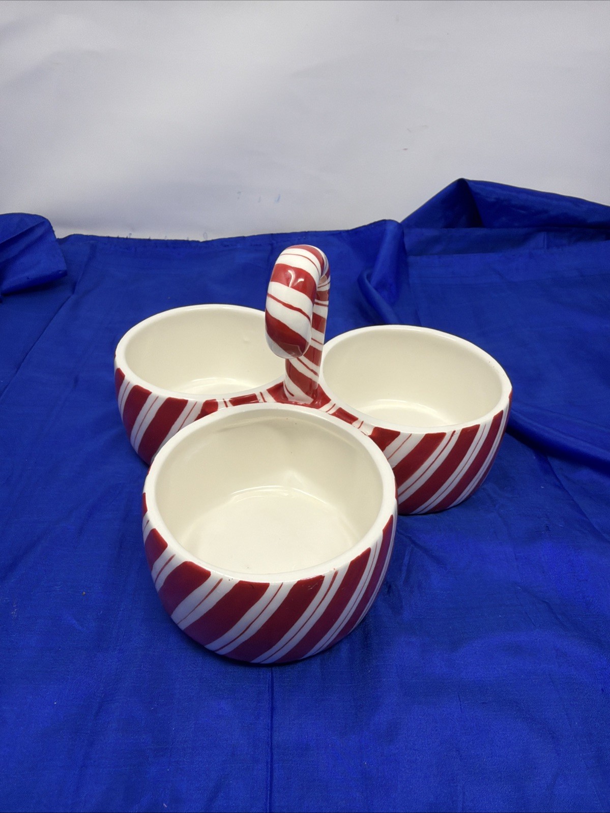 Vintage 2003 Christmas Candy Cane Condiment 3-Part Divided Serving Dish