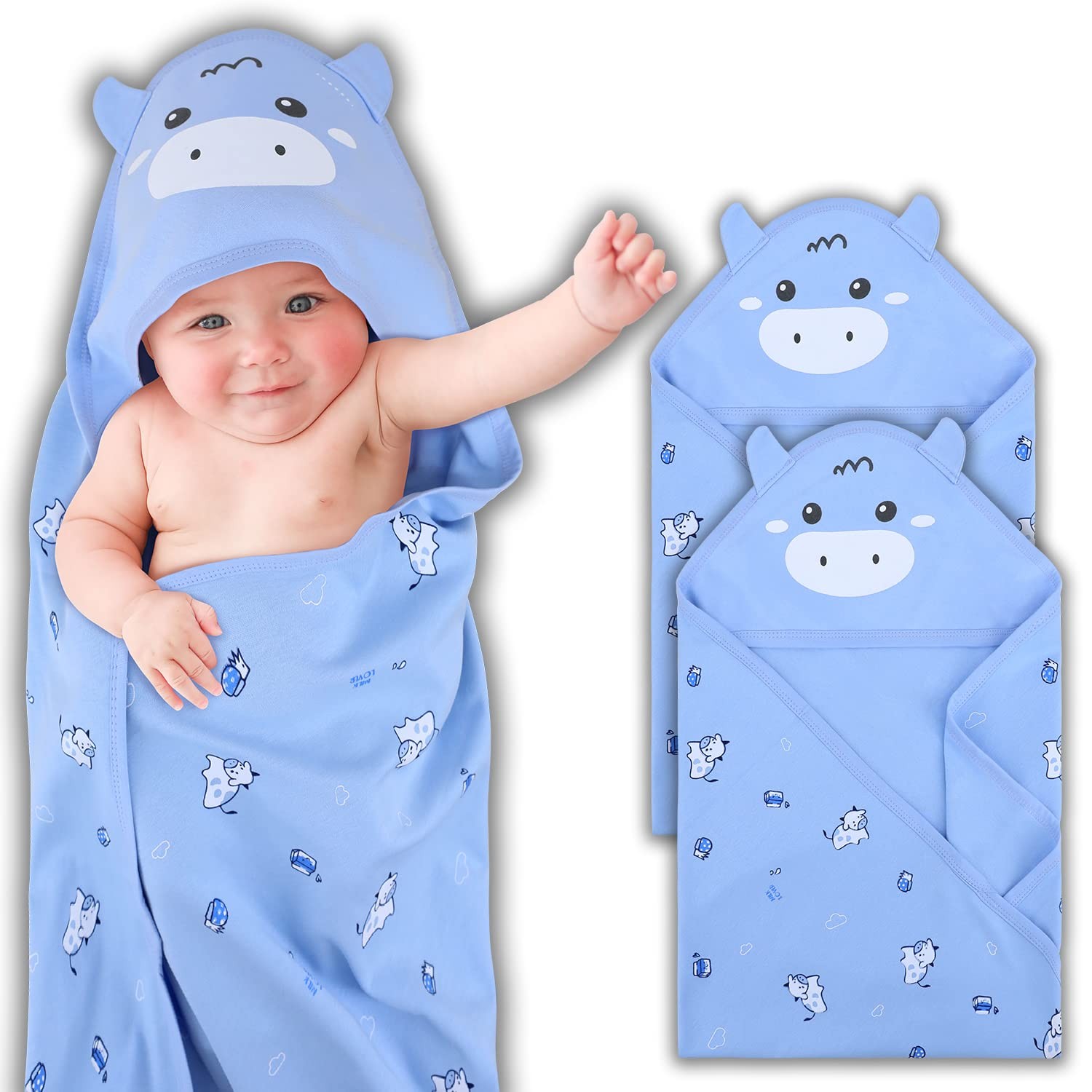 Blue Hooded Baby Towels Set - 2, 100% Organic Cotton, Ultra Soft & Absorbent ...