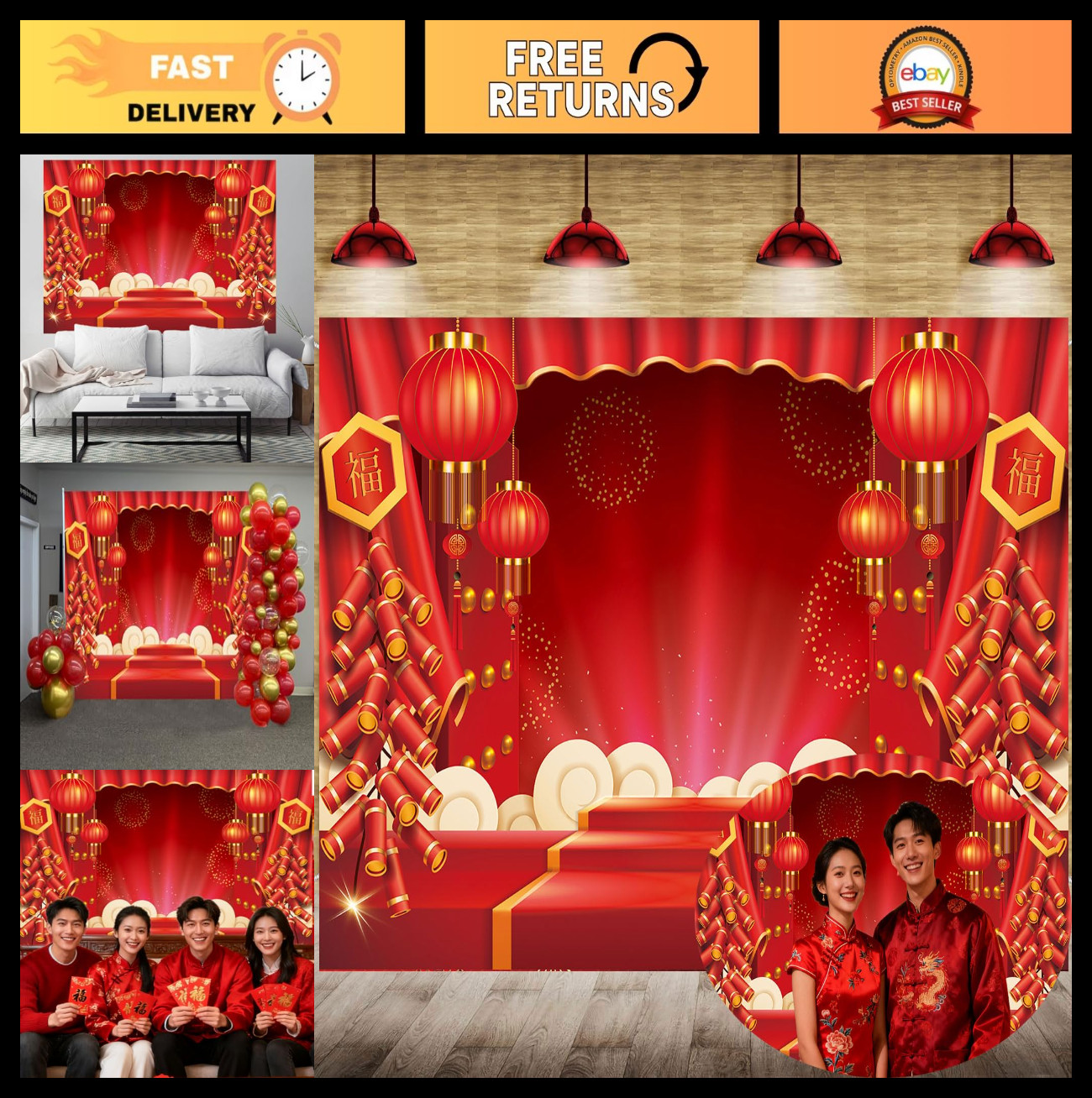 Chinese New Year Backdrop 8x6FT Red Lantern Photography Background Lunar Year Pa