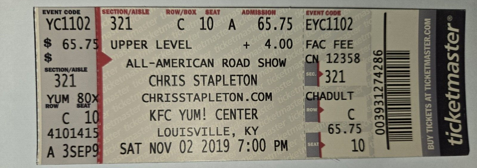 Chris Stapleton KFC YUM Center 11/02/2019 Ticket