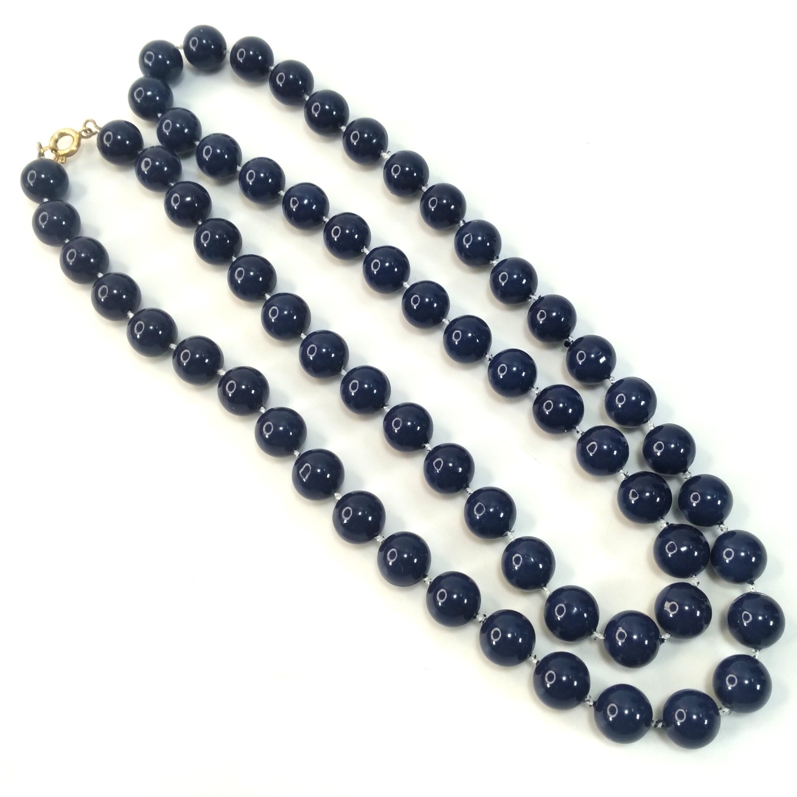 Single Strand Dark Navy Blue Beaded Necklace 28" Long Gold Tone Spring Clasp