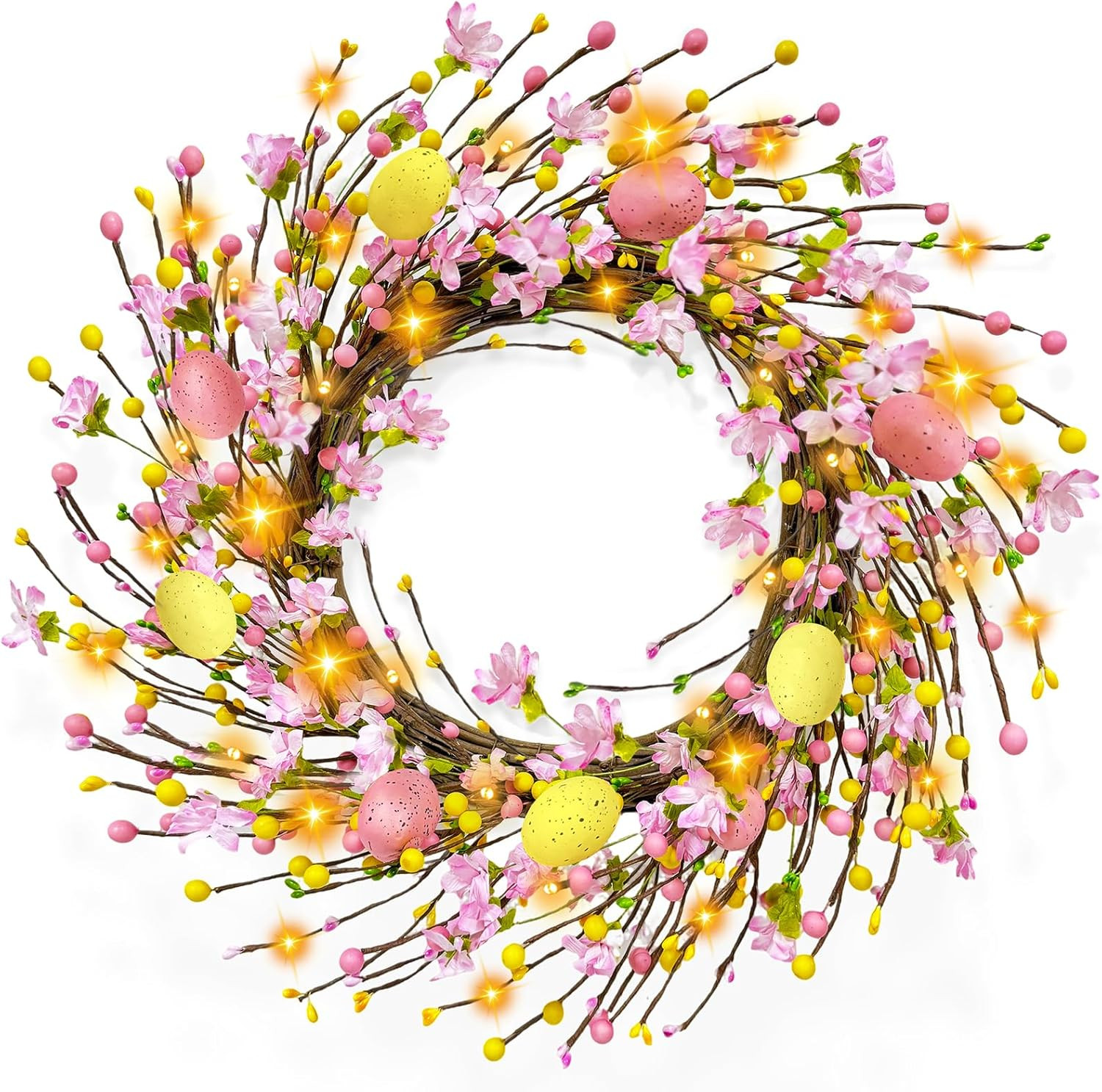 Timer - 20 Inch Easter Wreaths for Front Door with 20 Warm LED Lights Colorful E