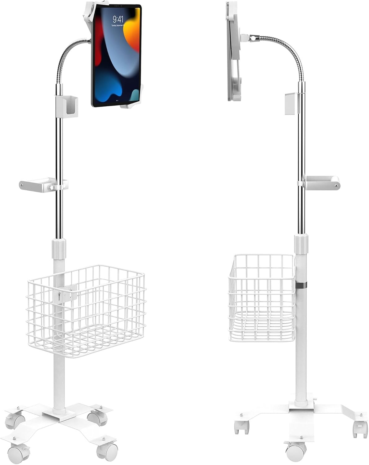 CTA Digital Rolling Gooseneck Floor Stand W/Metal Basket for iPad PAD-CGSWAO