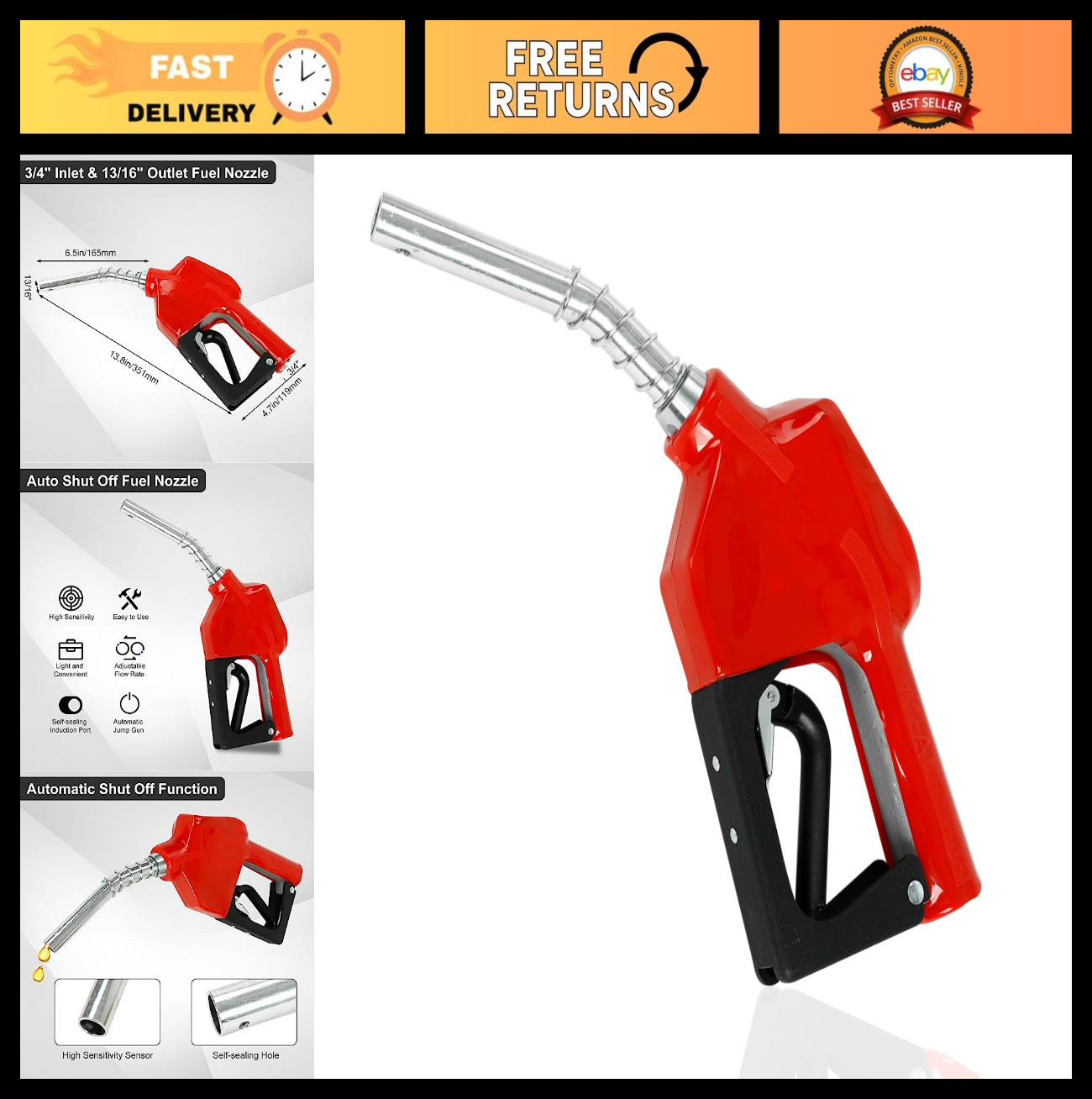 3/4" NPT Auto Fuel Nozzle - Auto Shut Off, 3-Speed Padlock, 13/16" Spout for Gas