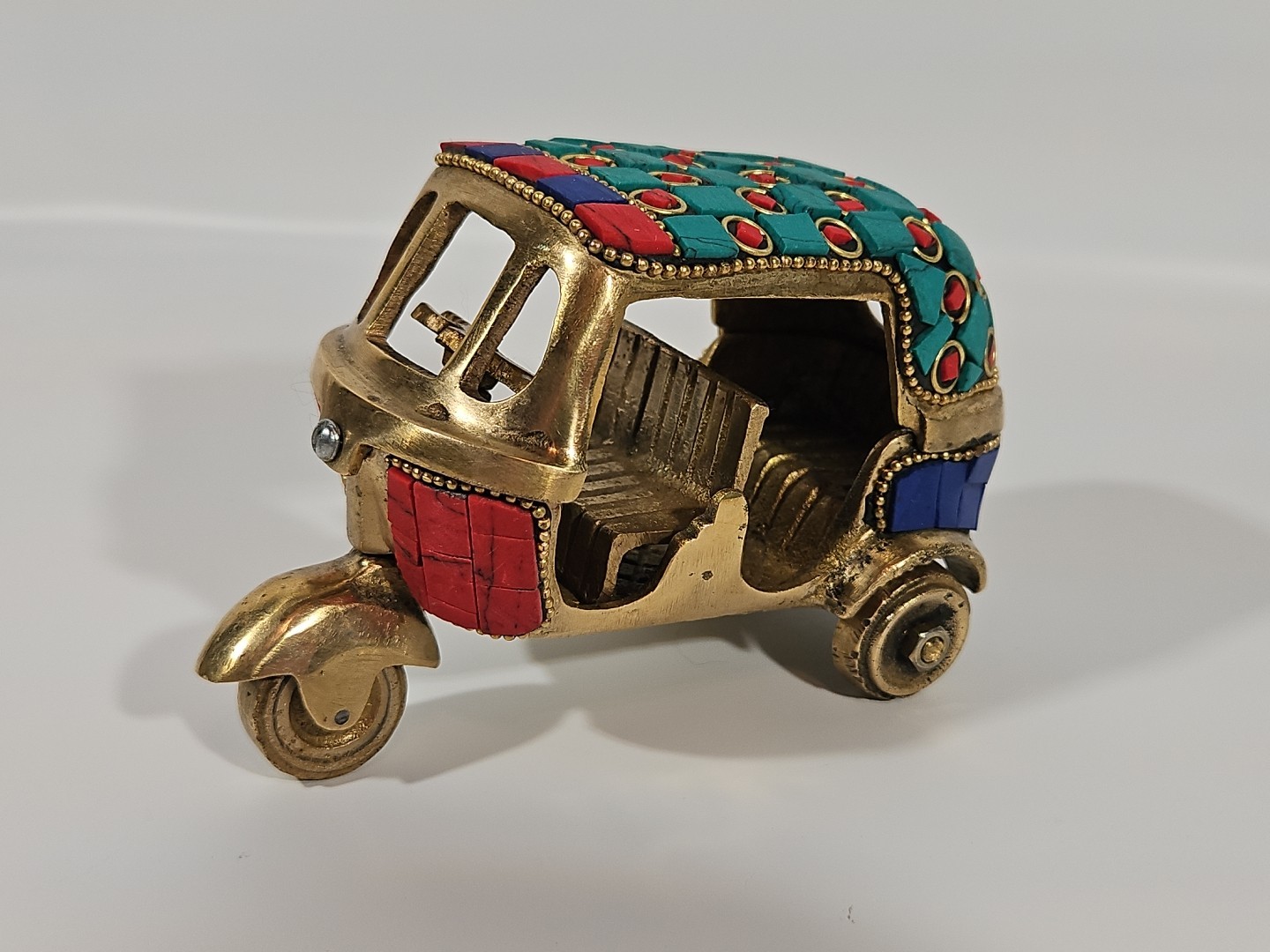 Vintage Solid Brass Mosaic Rickshaw Trike Vehicle Stone Ornate Indian Taxi India