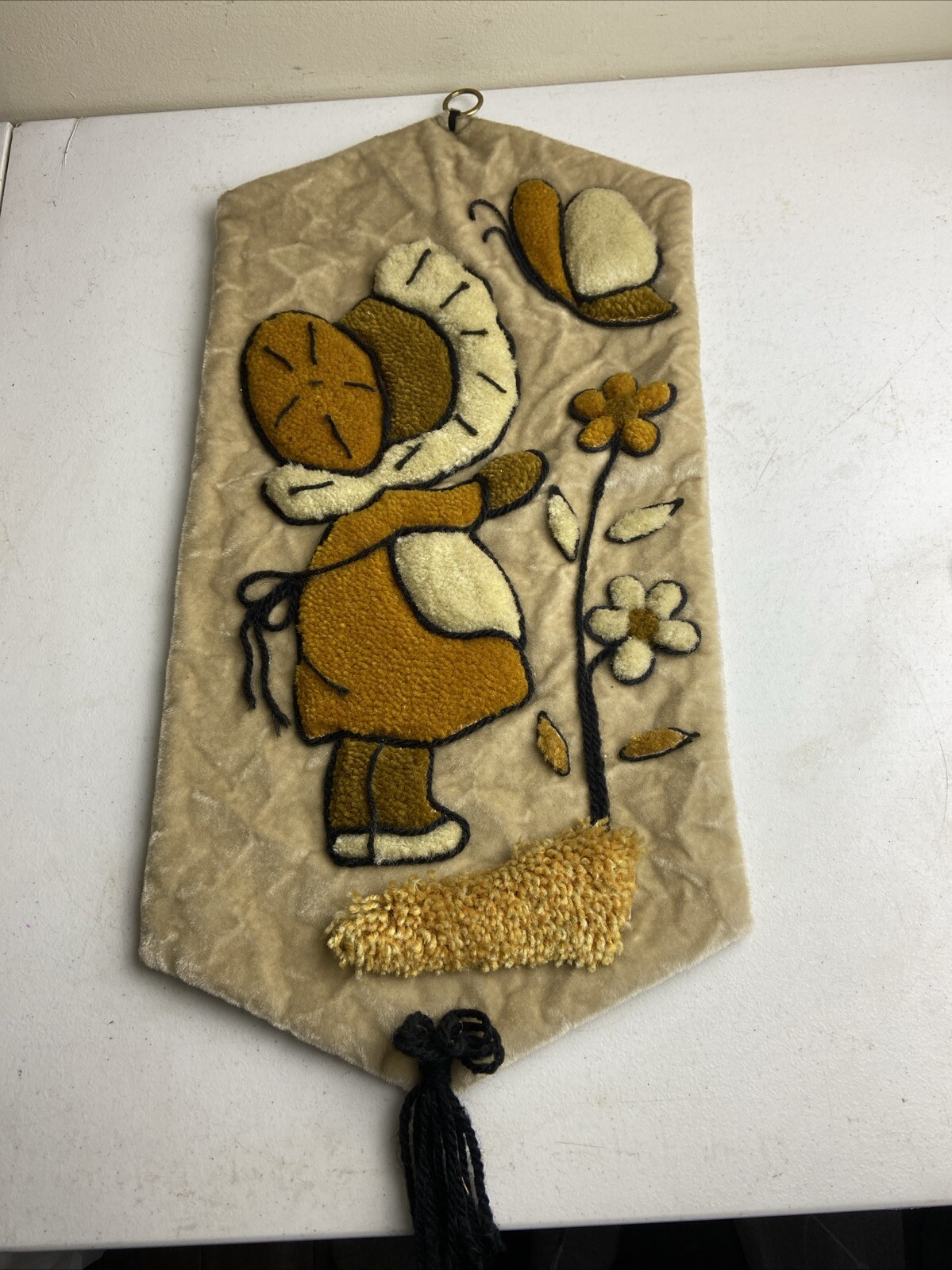 Country Girl Macrame Wall Hanging On Velvet Fiber Art Rug Boho MCM