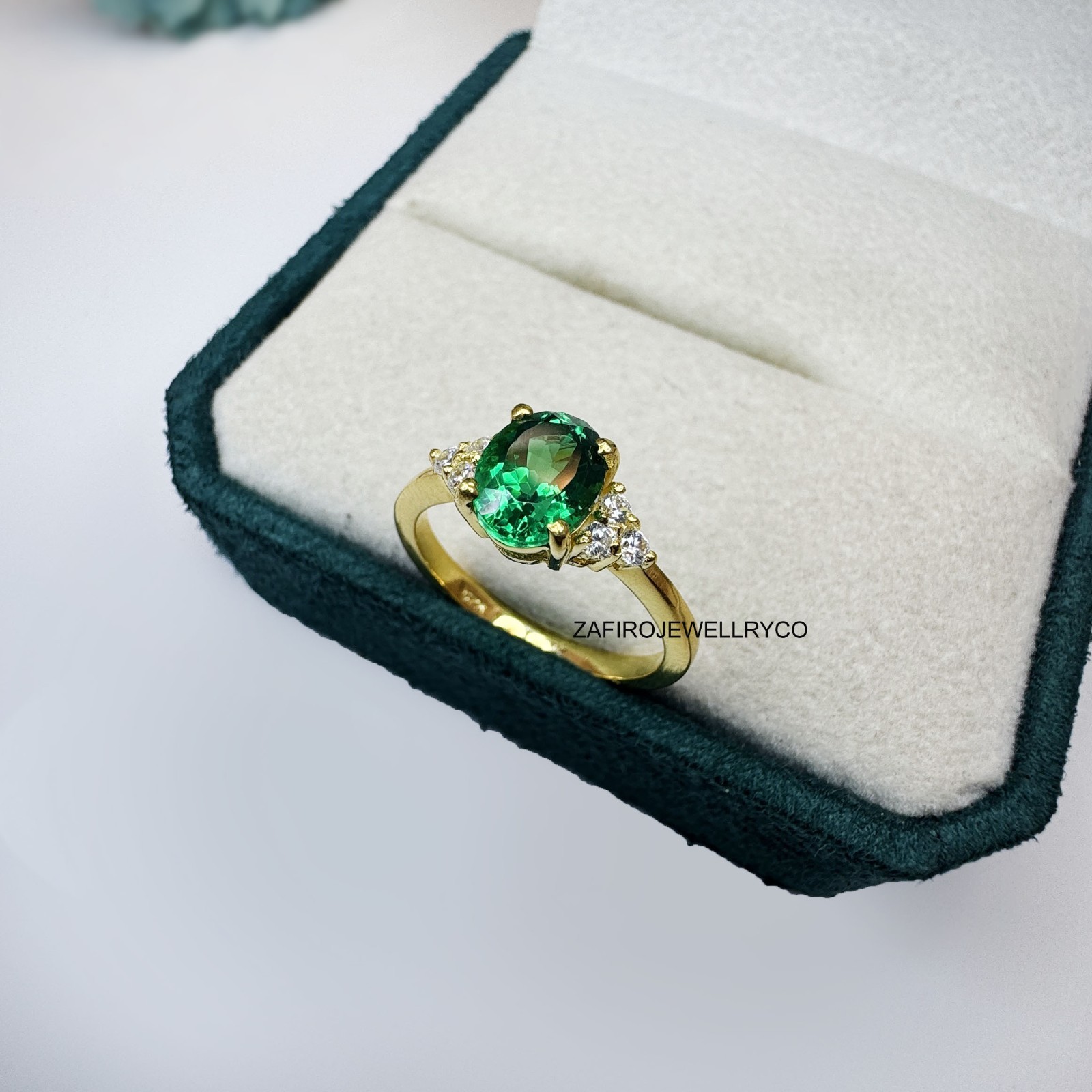 Emerald Ring, May Birthstone, 925 Sterling Silver, Three Stone Ring, Lab Created