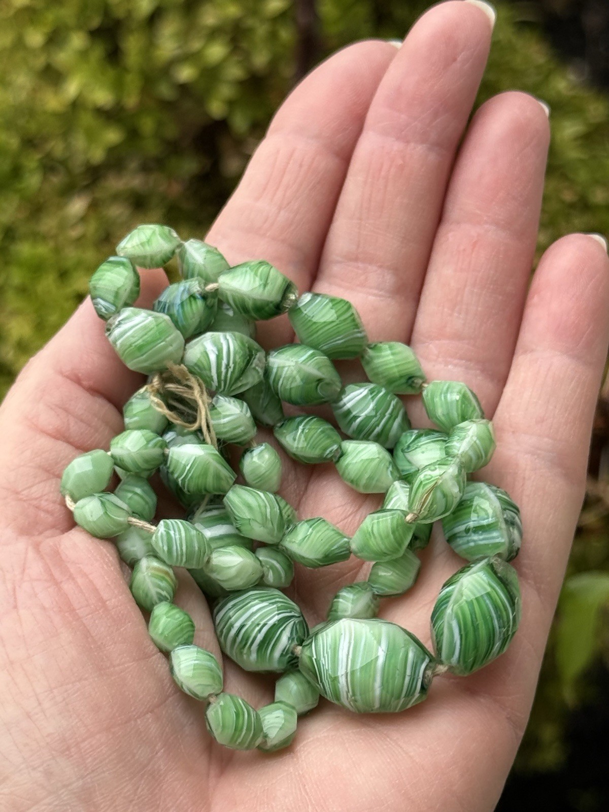 Antique Unique African Mosaic old Strand Glass Swirl Bead’s Lime Green Cream 23"