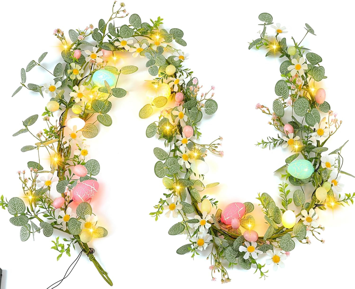 Easter Garland for Mantle - 6FT Faux Eucalyptus Garlands with Daisy, Pink Bloom 