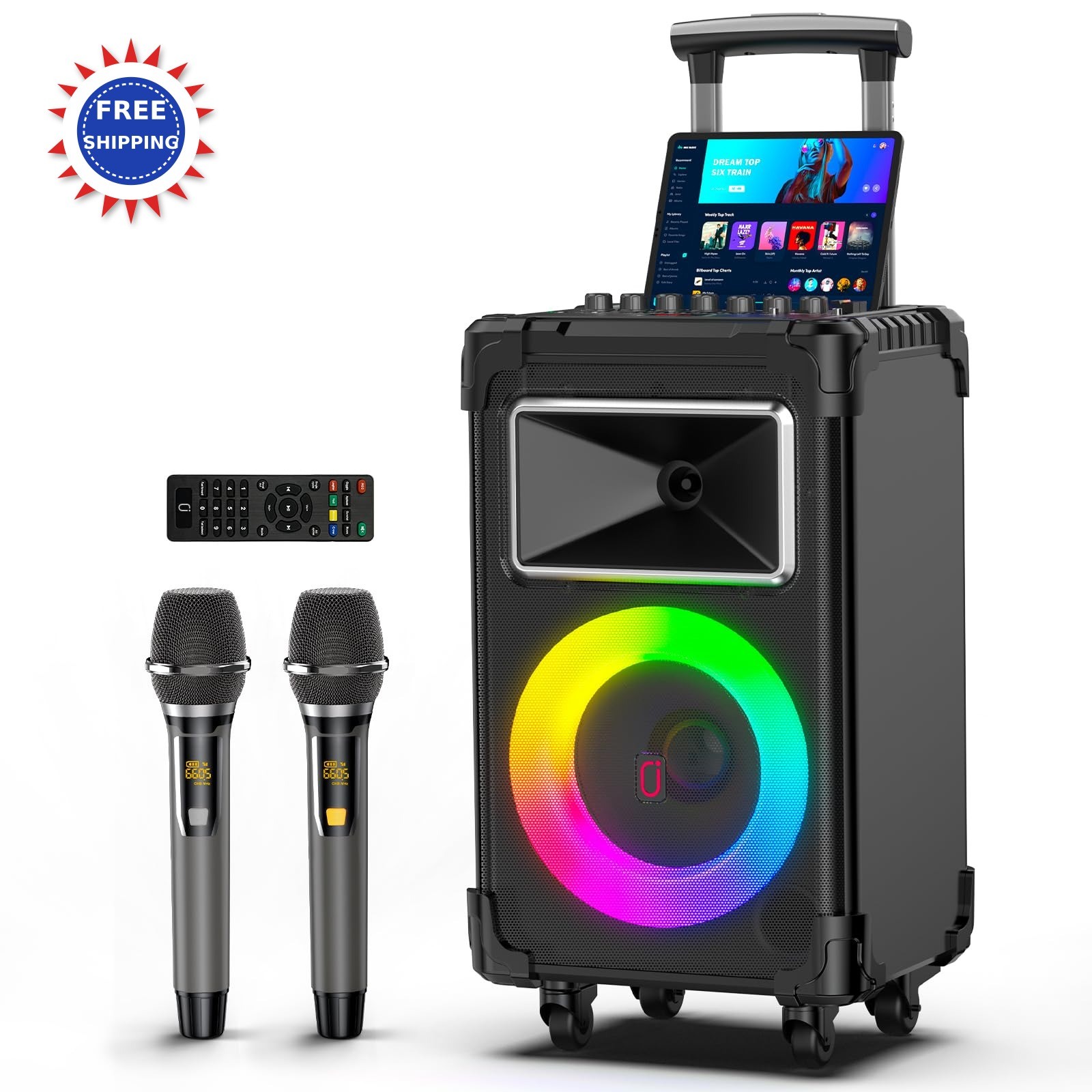 Karaoke Machine Wireless 2 Mics 10 500W Bluetooth Speaker Bass Treble Adjust Led