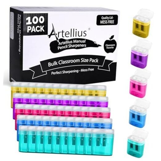  Bulk Pencil Sharpeners for Classroom - Double Hole, Plastic, Multicolor, 100 