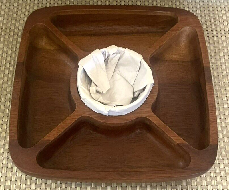 Acacia Wood Serving Tray 5 Section White Bowl Chip N Dip MSRP$99 NEW