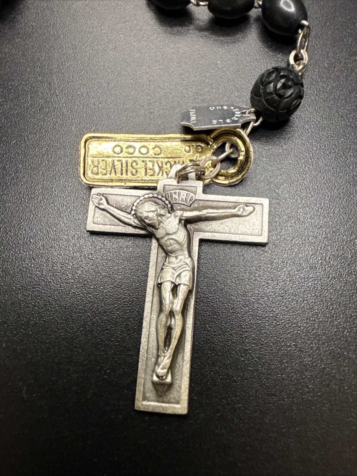 Vtg 20" Nickel Silver Ebony Black Coco Bead Catholic Rosary FRANCE NOS