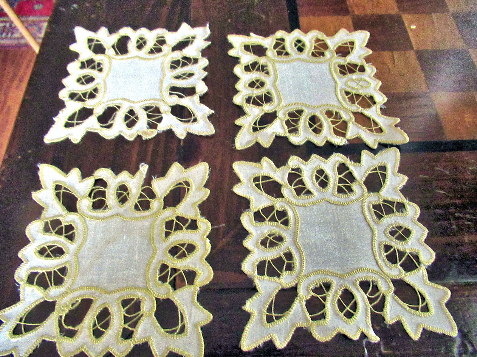 4 Vtg Cocktail Napkins Linen Handmade Lace Society Silk Embroidery