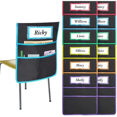 12 Pack Black Chair Pockets for Classrooms, Chair Pocket with 3 Multicolor