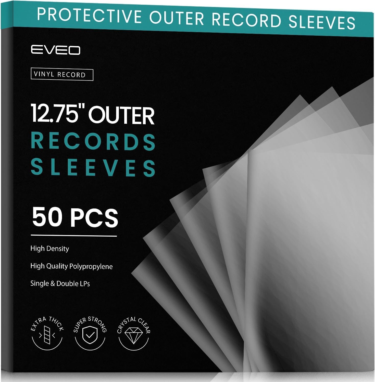 EVEO 50 Vinyl Record Sleeves Outer – Crystal x50 Count, Clear 