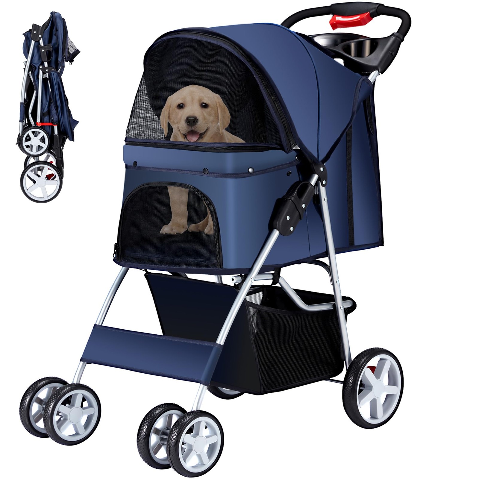 Stroller 4 Wheels Foldable Cat Jogger Dog Carrier Navy Blue Pet Azaeahom Cart