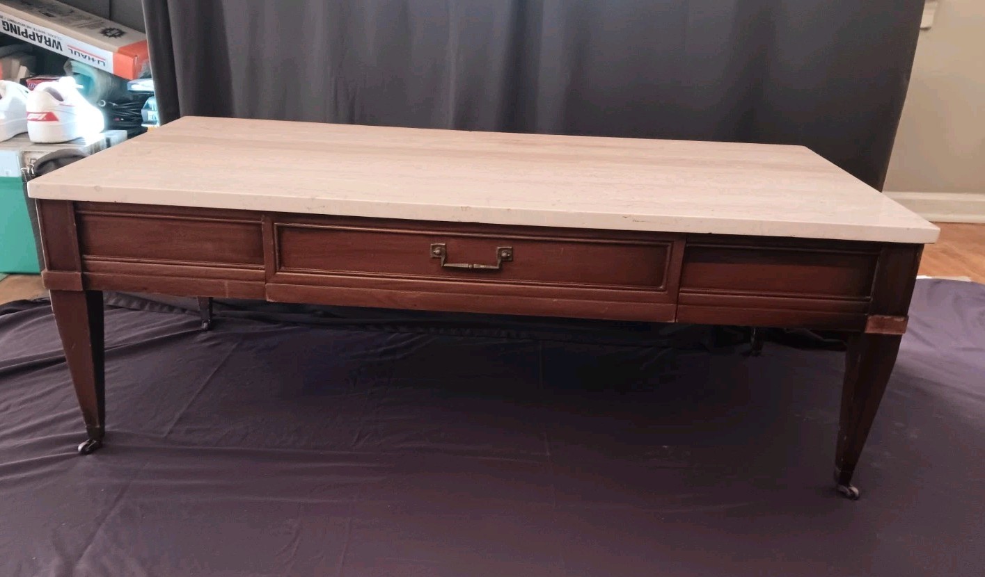 Vintage Brandt Mahogany Coffee Table with Pink Marble Top, Wheels & Drawer