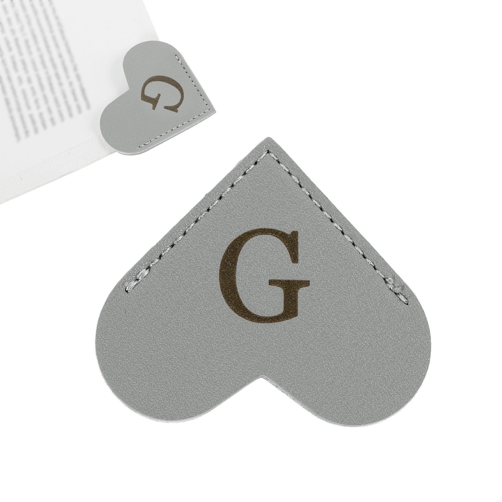 Initial G Corner Bookmarks,  Heart Shape Leather Book Marks Markers, Gray