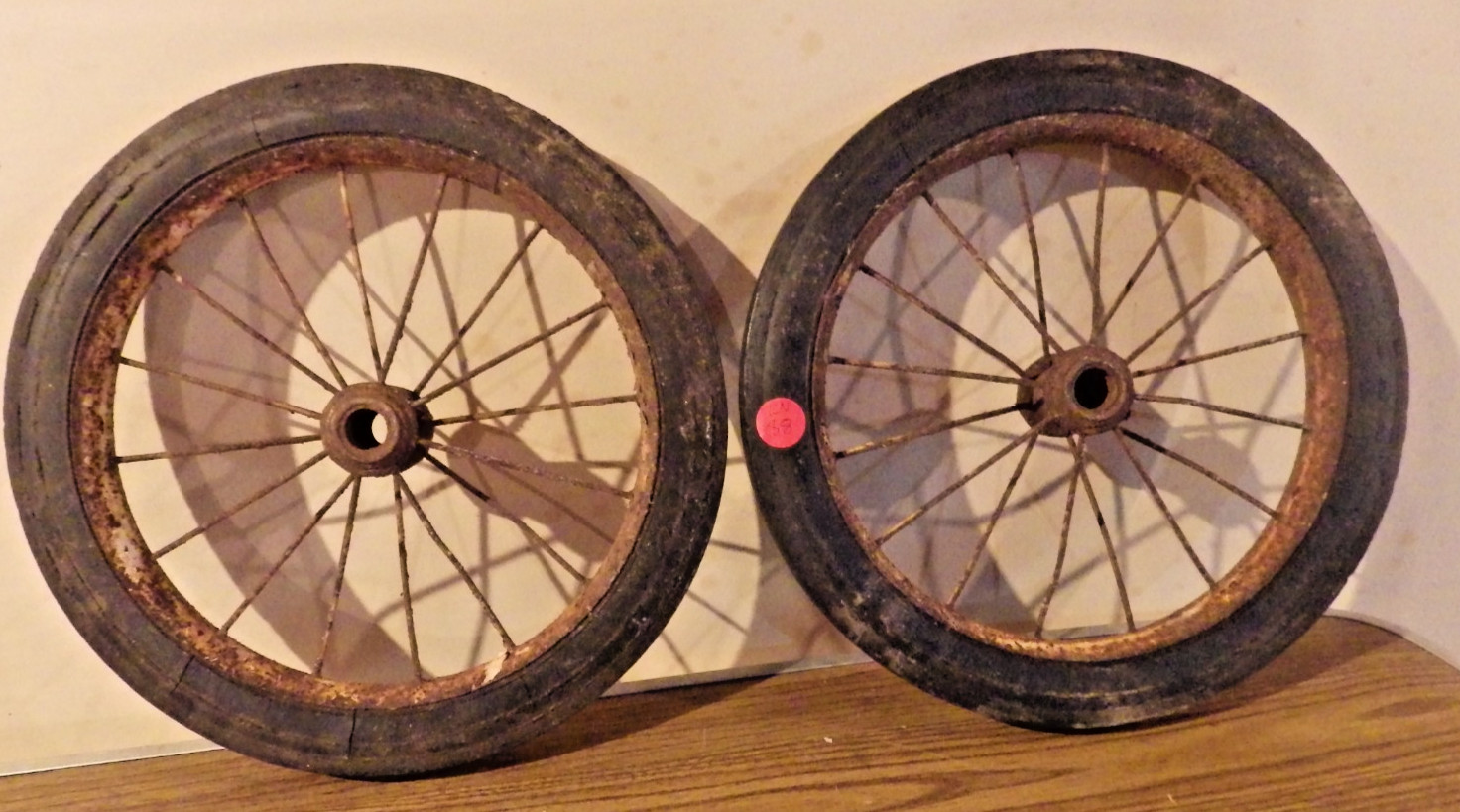 PAIR OF ANTIQUE Vintage Solid Rubber Baby Buggy Wheels 14" SPOKED 1" HOLE