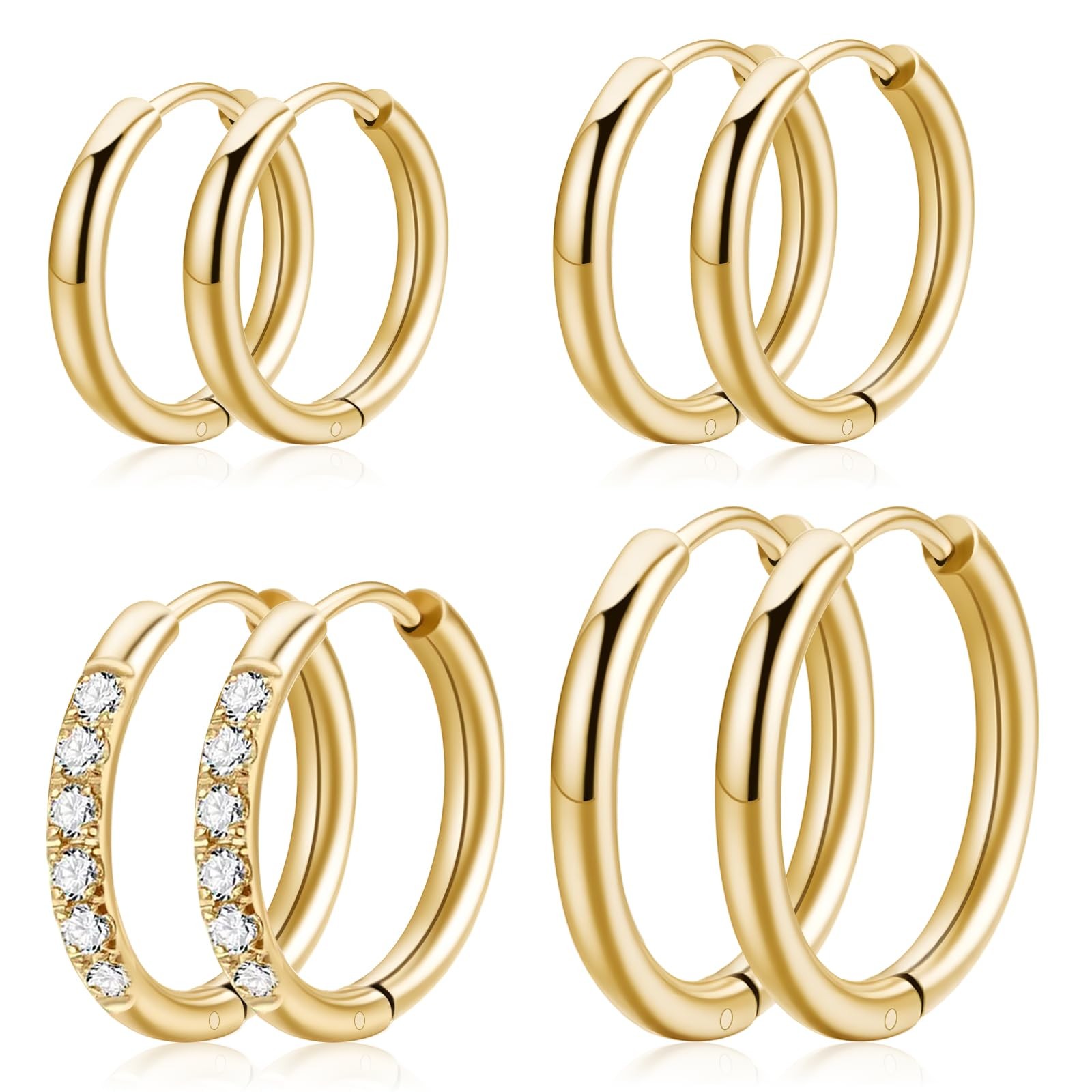 Small Gold Huggie Hoop Earrings Set for Women - 14K 1, - 6/8/10/12mm 
