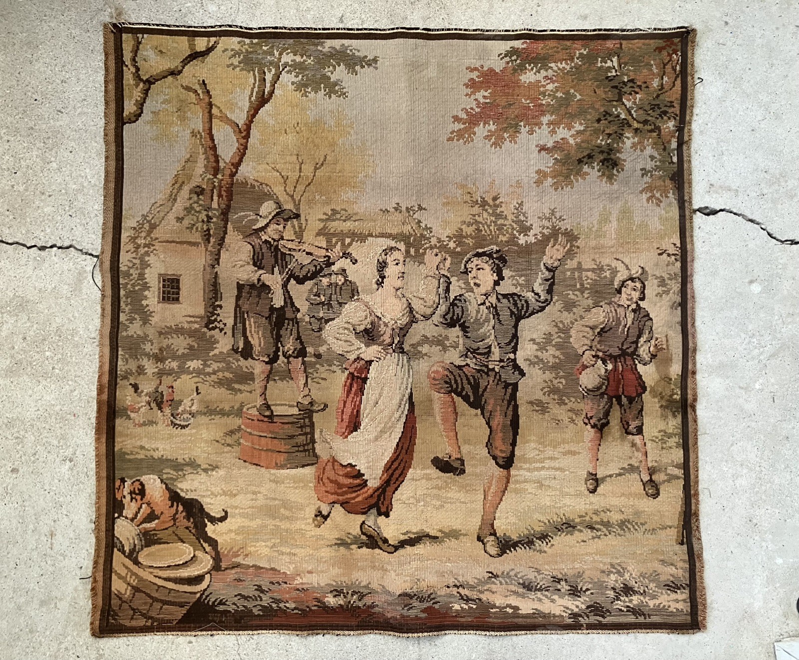 French Country Village with People Dancing Romantic Woven Tapestry LARGE
