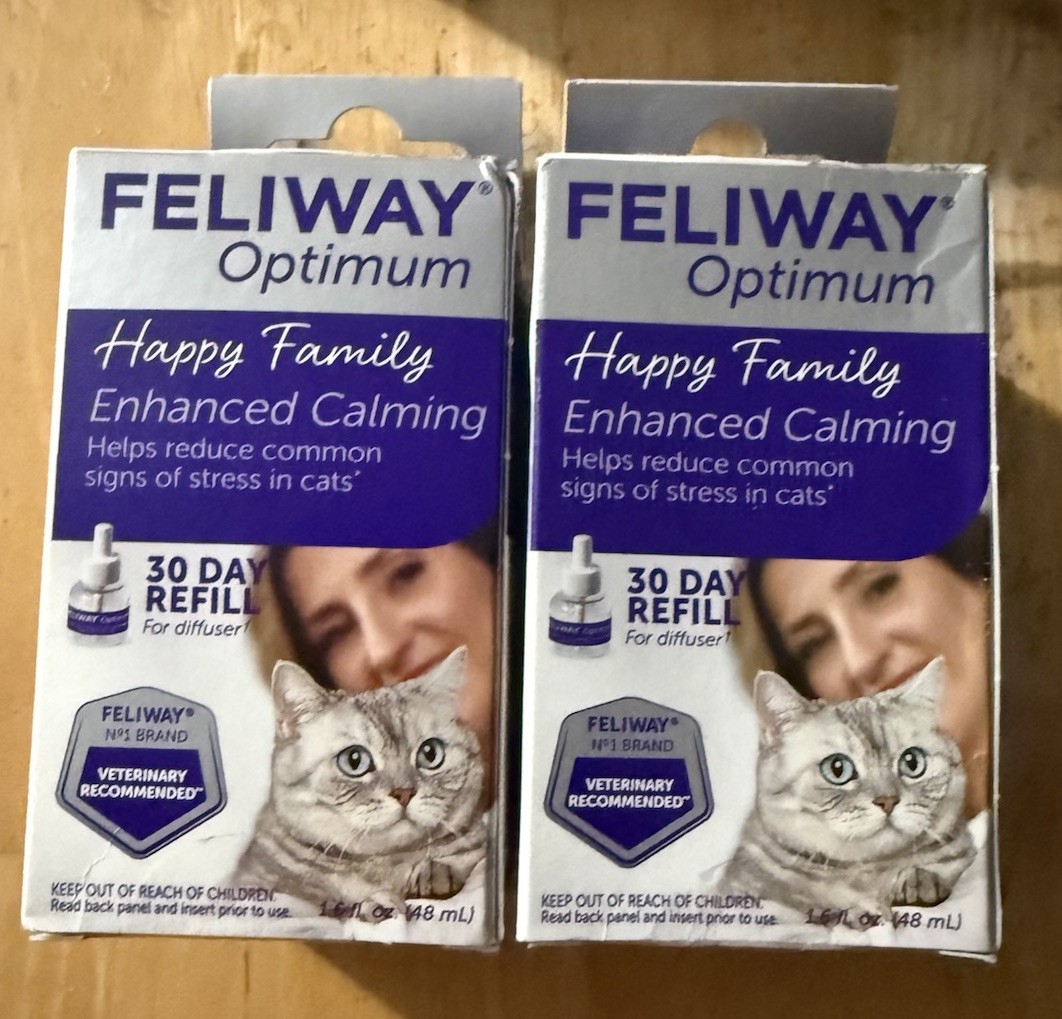 2 Boxes Of Feliway Optimum -Happy Family Enhanced Calming Diffuser 30 day refill