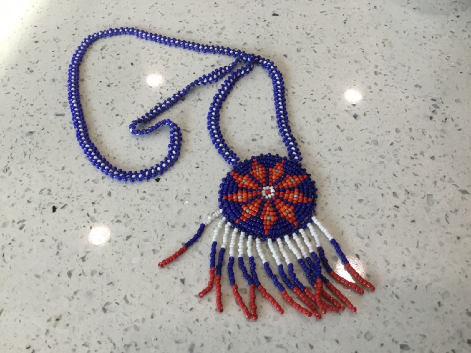 Artisan Native American Handcrafted Seed Bead Sewn Leather Necklace 24” L