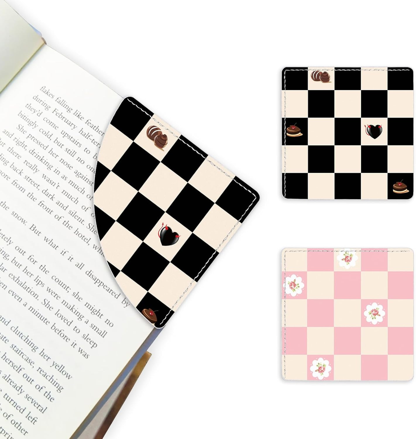 2 Pack Black and Pink Checkered Leather Book Corner Bookmark, Durable Handmade R