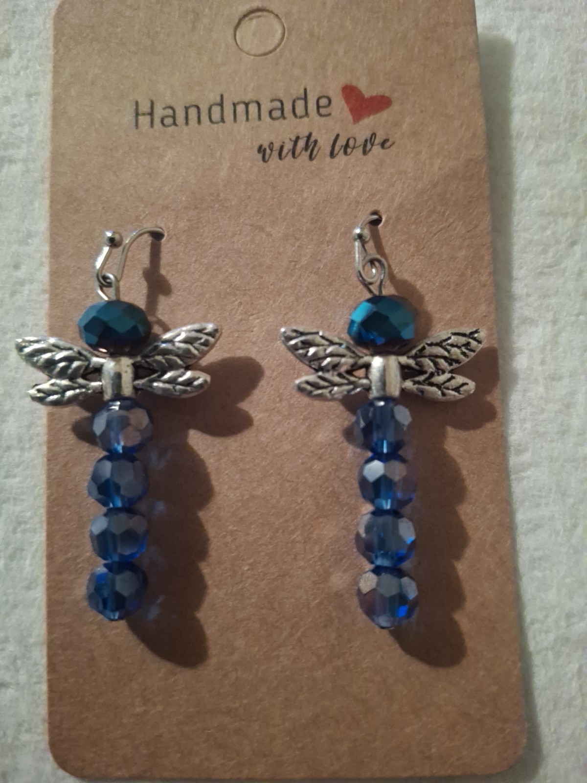 Handcrafted Dragonfly Glass Beaded Dangle Earrings Blue Silver Women