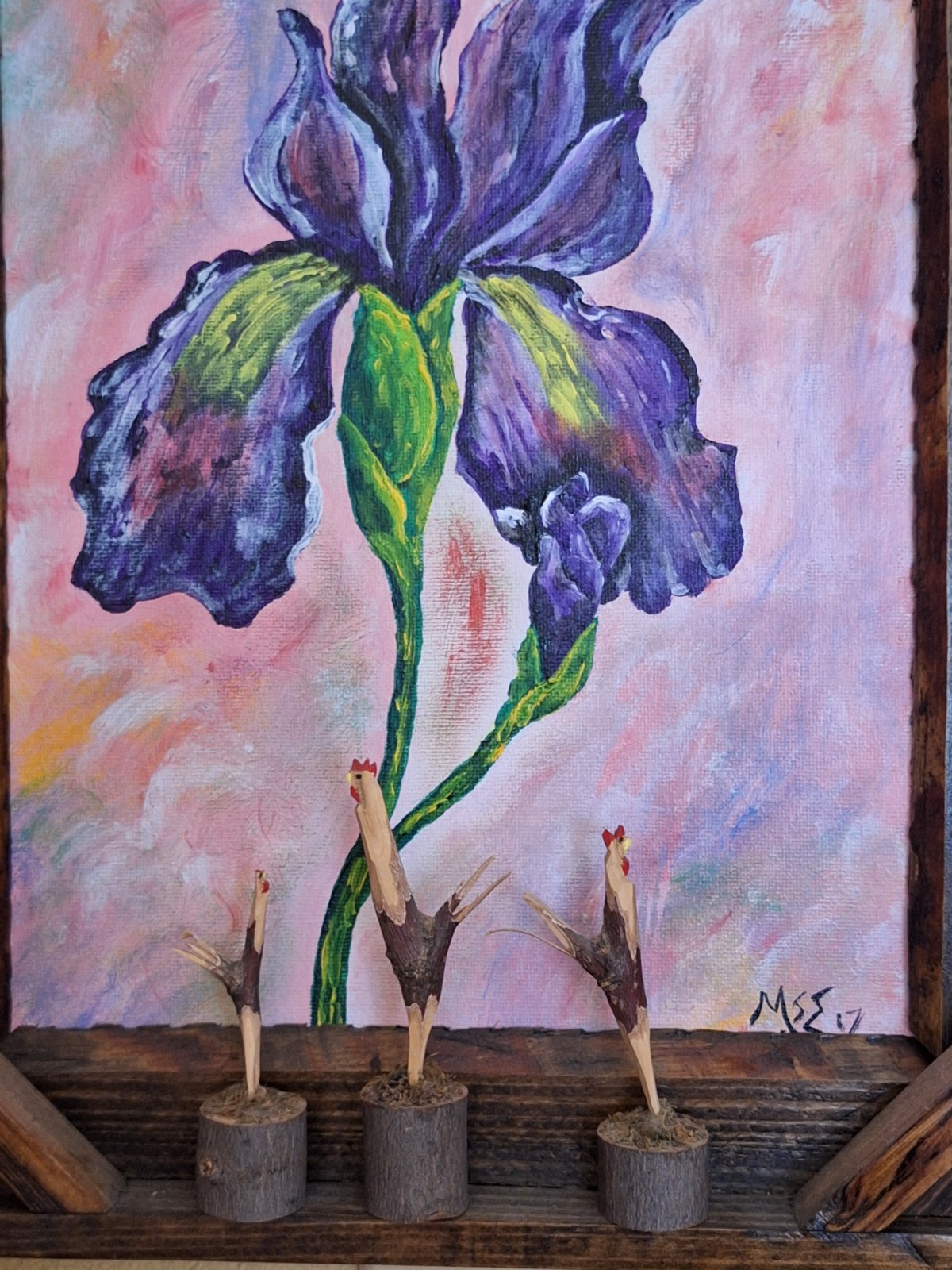 Set Of 3 Miniature Folk Art Hand Carved Hand Painted Tree Limb Roosters