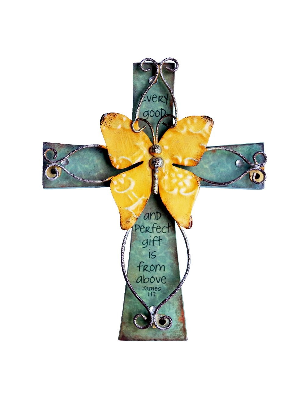 Wooden Wall Cross Christians Cross with Antiqued Metal Butterfly and Inspirat...