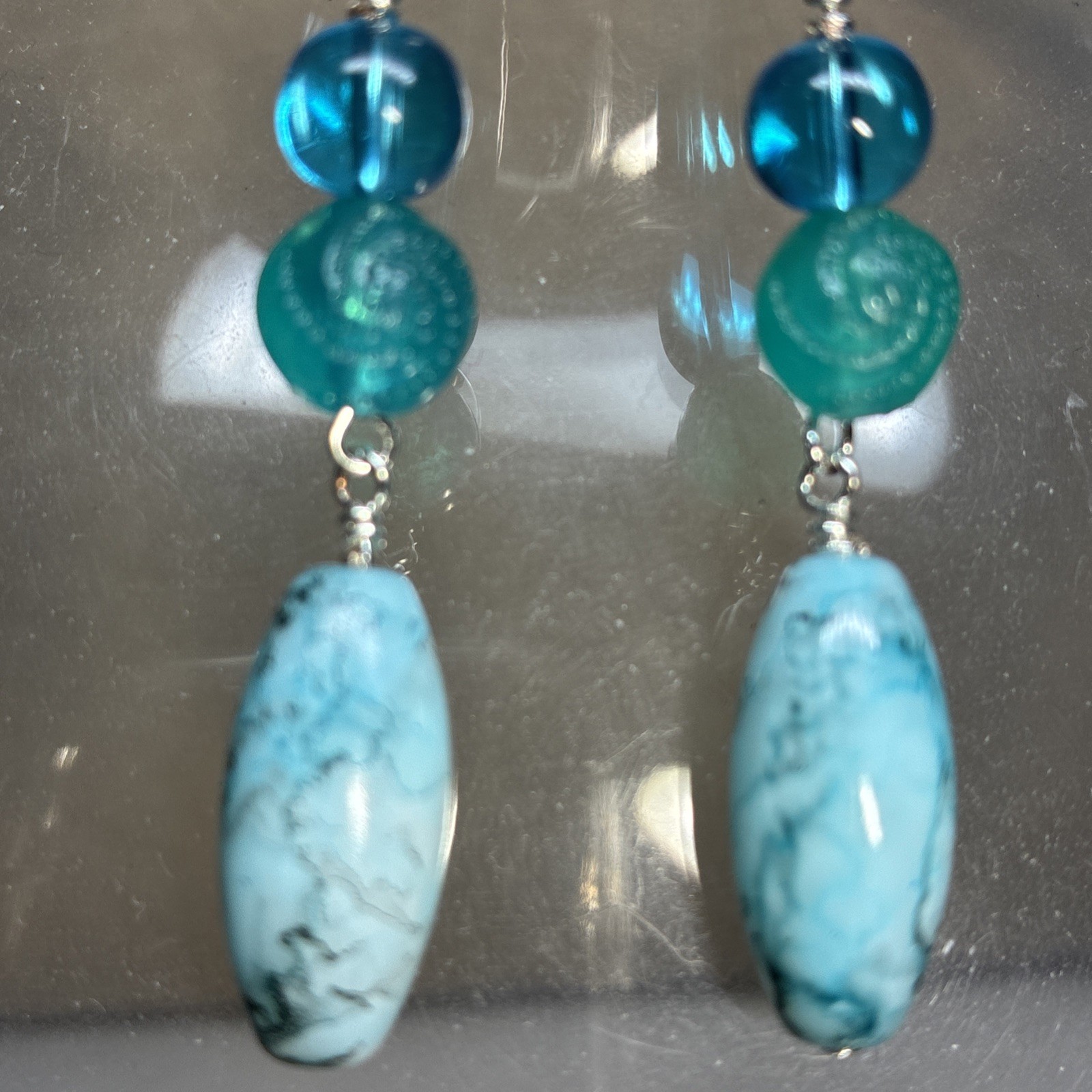 Artisan 2.75  Inch Silver Tone Earrings With Blue And Green Glass Dangle